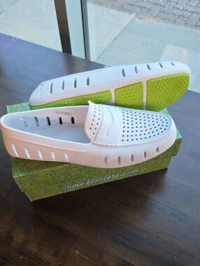 Floafers Size 10 Men's Perforated Slip-On Loafers in White with Lime Sole